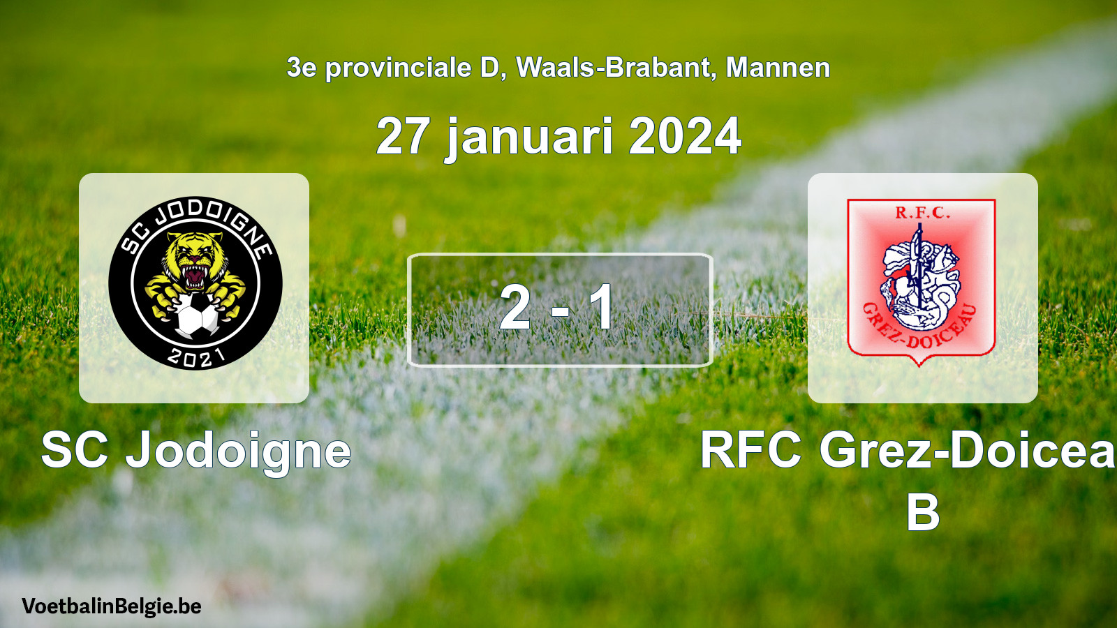 Gespeelde wedstrijd mannenvoetbal: SC Jodoigne - RFC Grez-Doiceau B 2 - 1 (27 januari 2024)