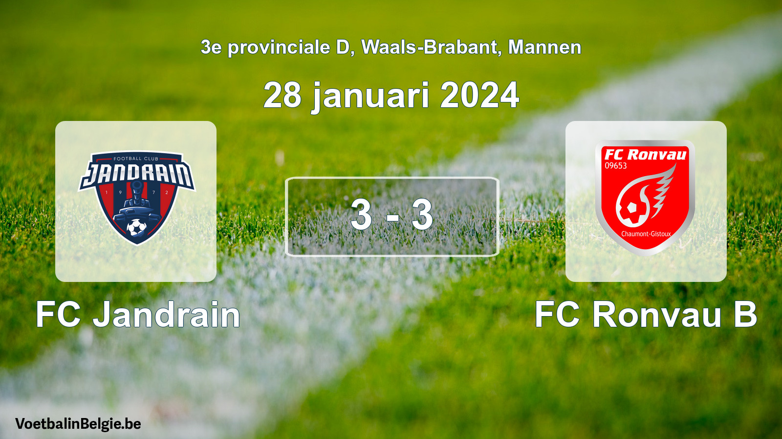 Gespeelde wedstrijd mannenvoetbal: FC Jandrain - FC Ronvau B 3 - 3 (28 januari 2024)
