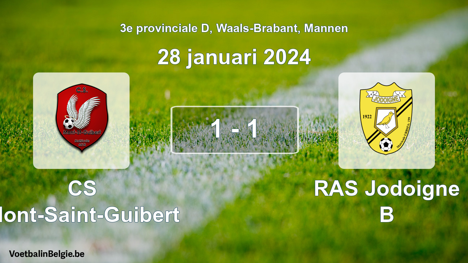 Gespeelde wedstrijd mannenvoetbal: CS Mont-Saint-Guibert - RAS Jodoigne B 1 - 1 (28 januari 2024)