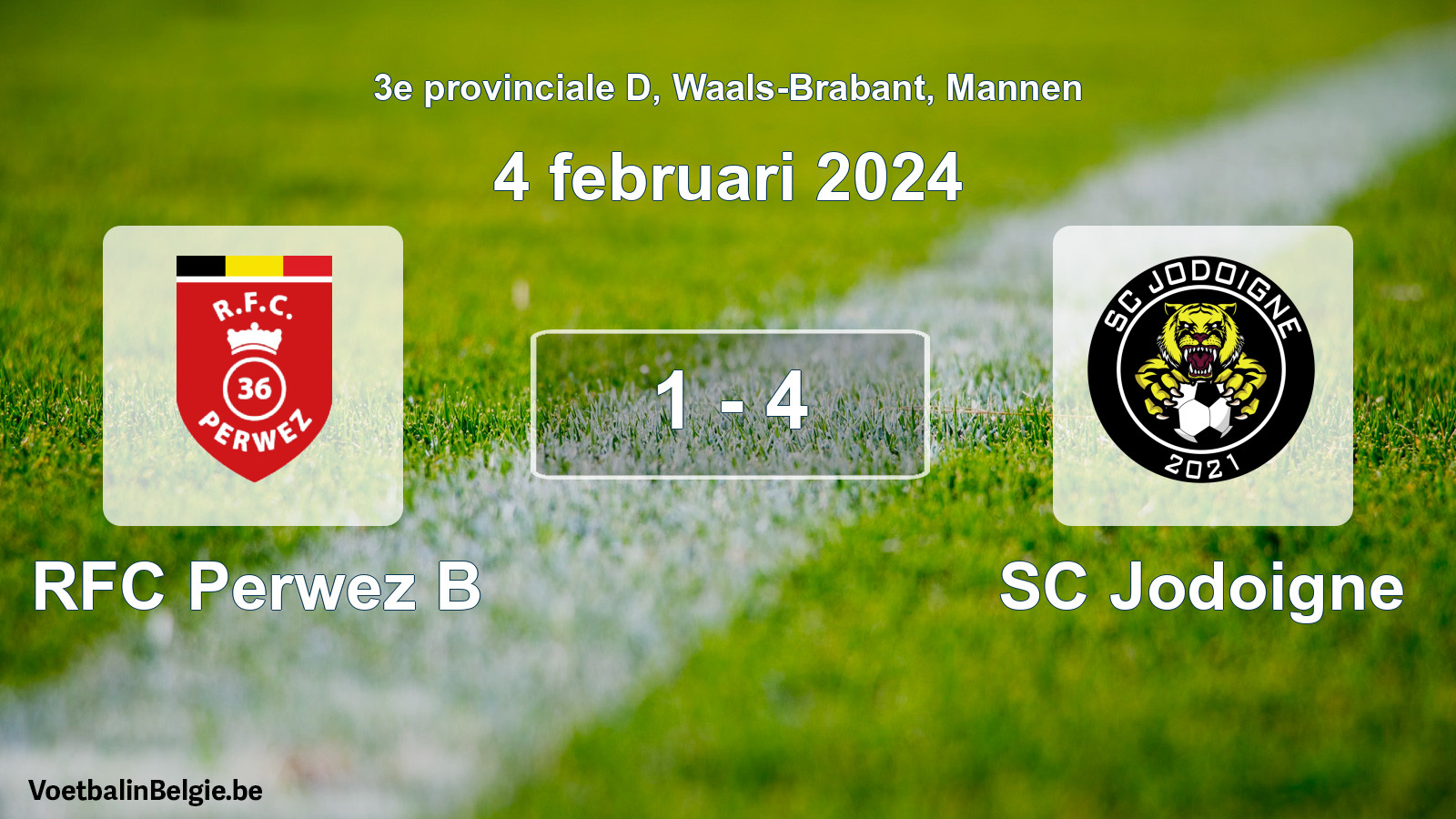 Gespeelde wedstrijd mannenvoetbal: RFC Perwez B - SC Jodoigne 1 - 4 (4 februari 2024)