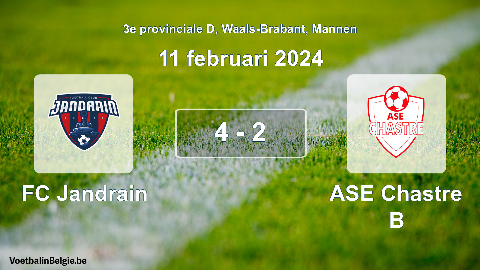 Gespeelde wedstrijd mannenvoetbal: FC Jandrain - ASE Chastre B 4 - 2 (11 februari 2024)
