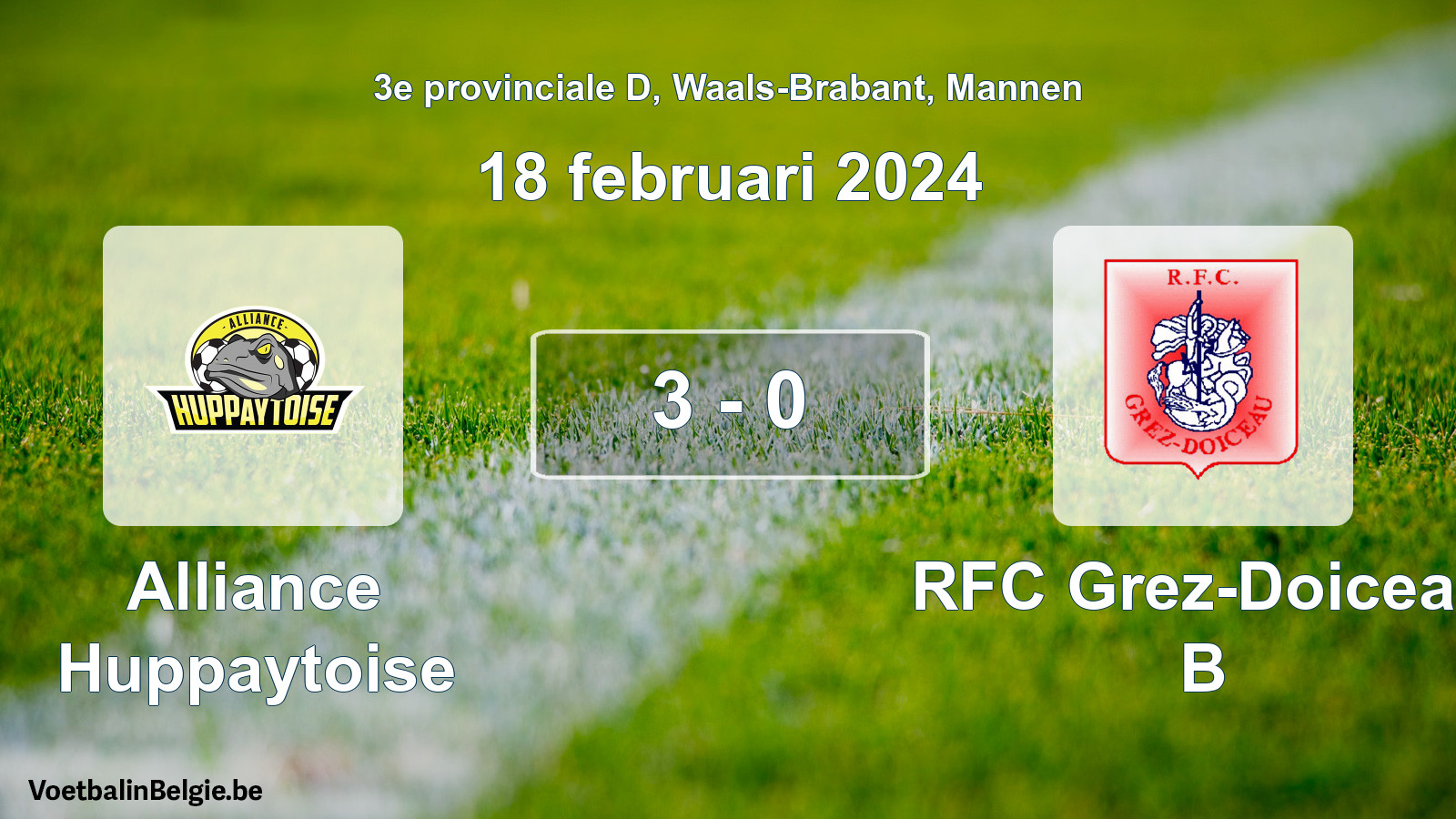 Gespeelde wedstrijd mannenvoetbal: Alliance Huppaytoise - RFC Grez-Doiceau B 3 - 0 (18 februari 2024)