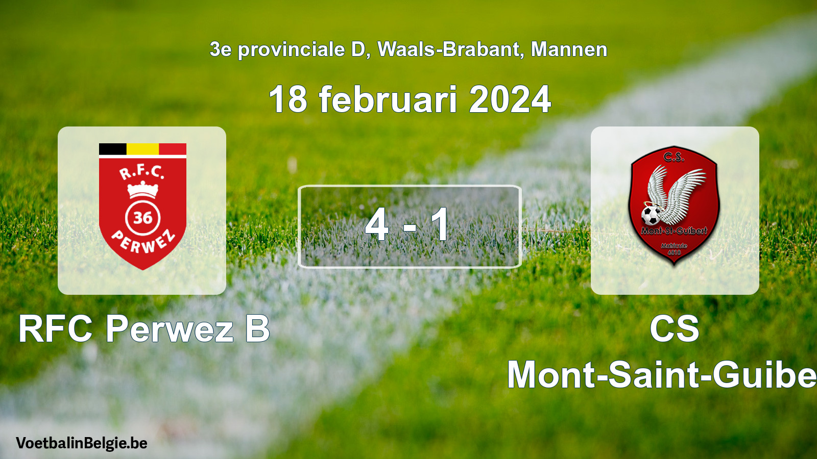 Gespeelde wedstrijd mannenvoetbal: RFC Perwez B - CS Mont-Saint-Guibert 4 - 1 (18 februari 2024)