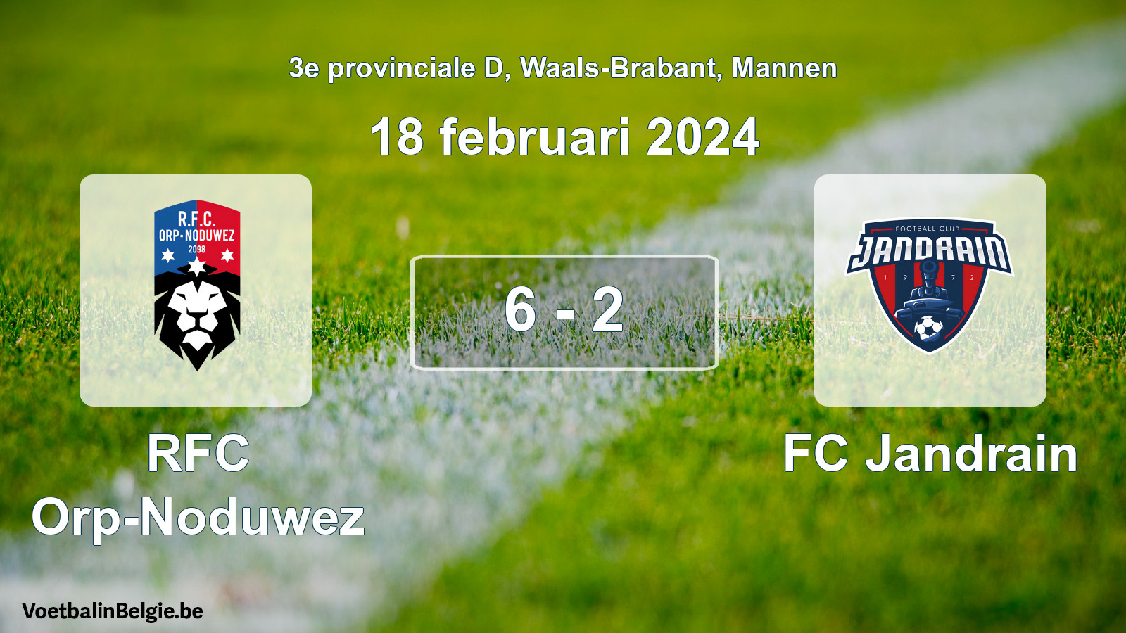 Gespeelde wedstrijd mannenvoetbal: RFC Orp-Noduwez - FC Jandrain 6 - 2 (18 februari 2024)
