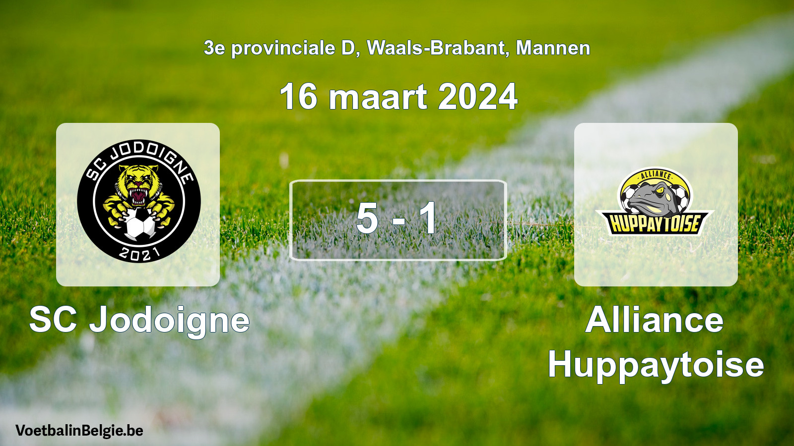 Gespeelde wedstrijd mannenvoetbal: SC Jodoigne - Alliance Huppaytoise 5 - 1 (16 maart 2024)