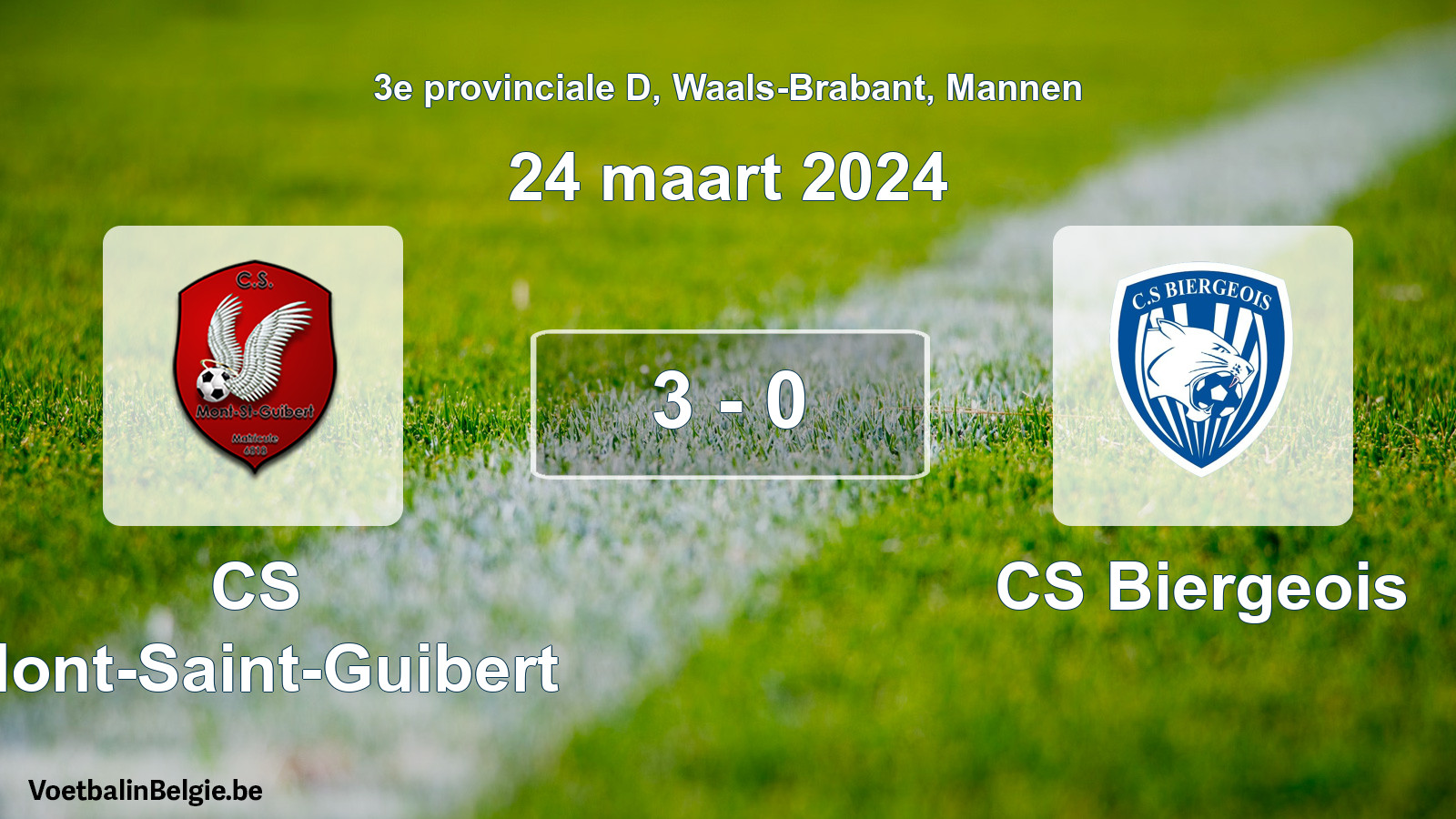 Gespeelde wedstrijd mannenvoetbal: CS Mont-Saint-Guibert - CS Biergeois 3 - 0 (24 maart 2024)