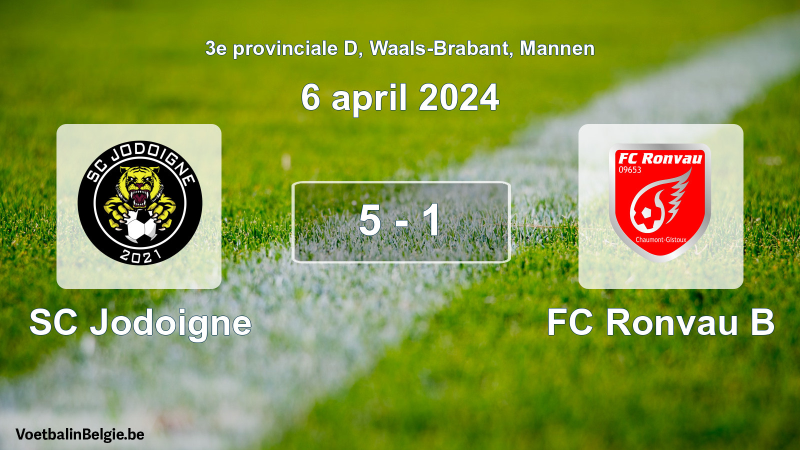 Gespeelde wedstrijd mannenvoetbal: SC Jodoigne - FC Ronvau B 5 - 1 (6 april 2024)