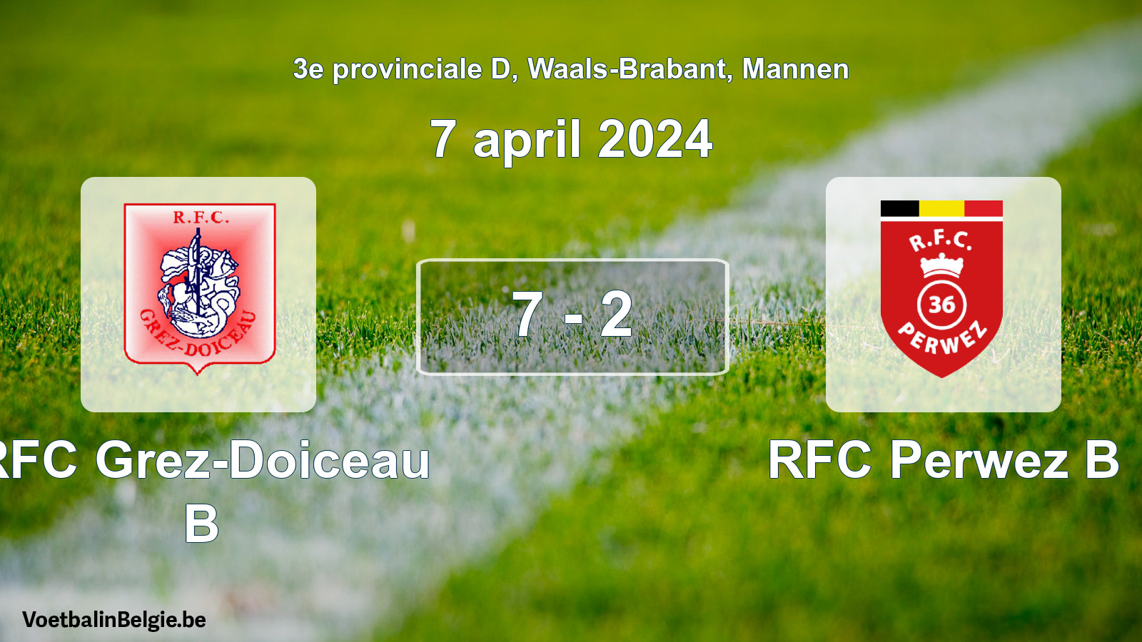 Gespeelde wedstrijd mannenvoetbal: RFC Grez-Doiceau B - RFC Perwez B 7 - 2 (7 april 2024)