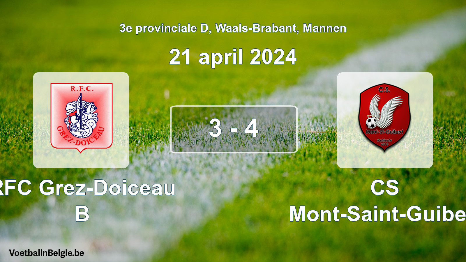 Gespeelde wedstrijd mannenvoetbal: RFC Grez-Doiceau B - CS Mont-Saint-Guibert 3 - 4 (21 april 2024)