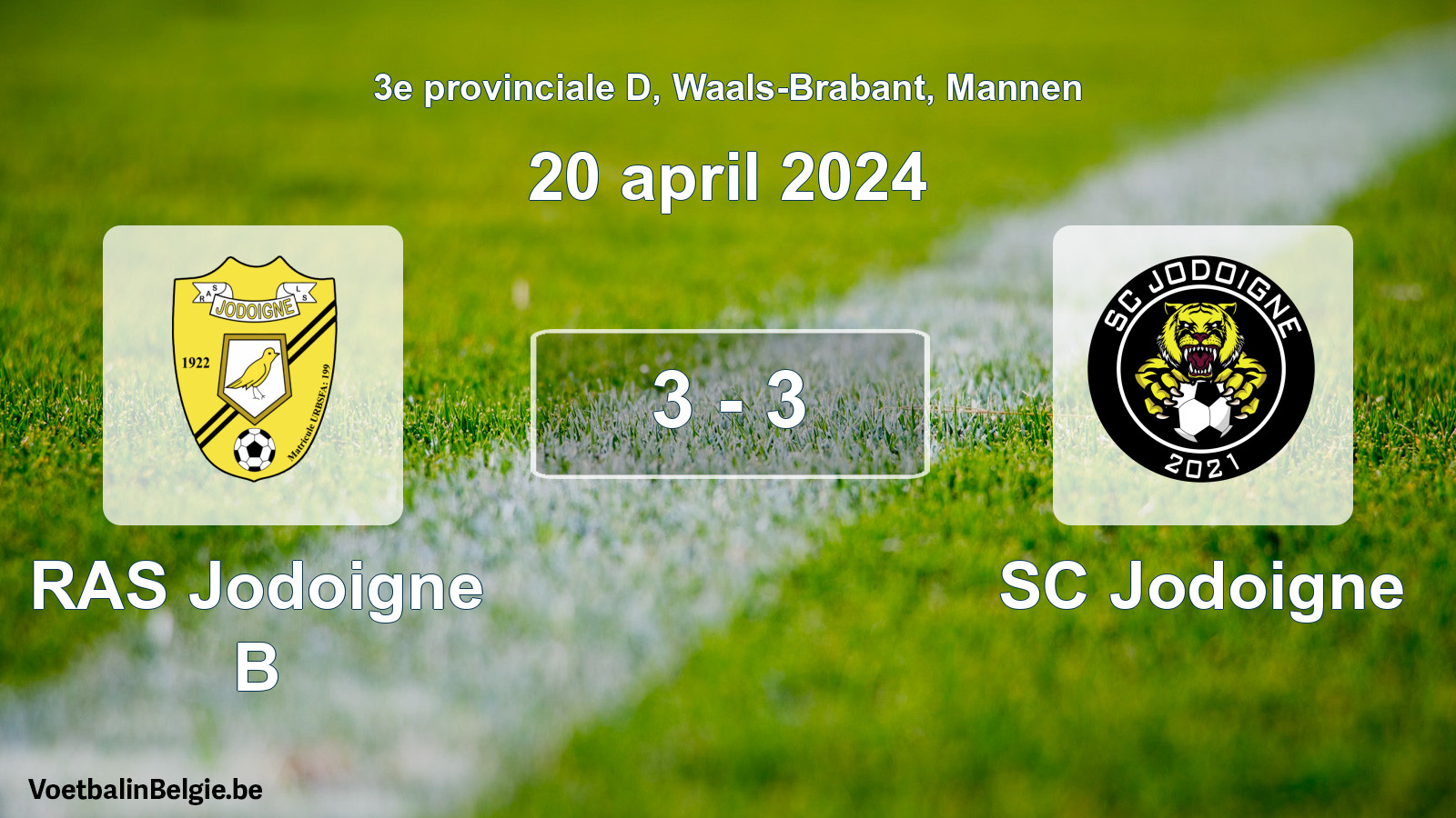 Gespeelde wedstrijd mannenvoetbal: RAS Jodoigne B - SC Jodoigne 3 - 3 (20 april 2024)