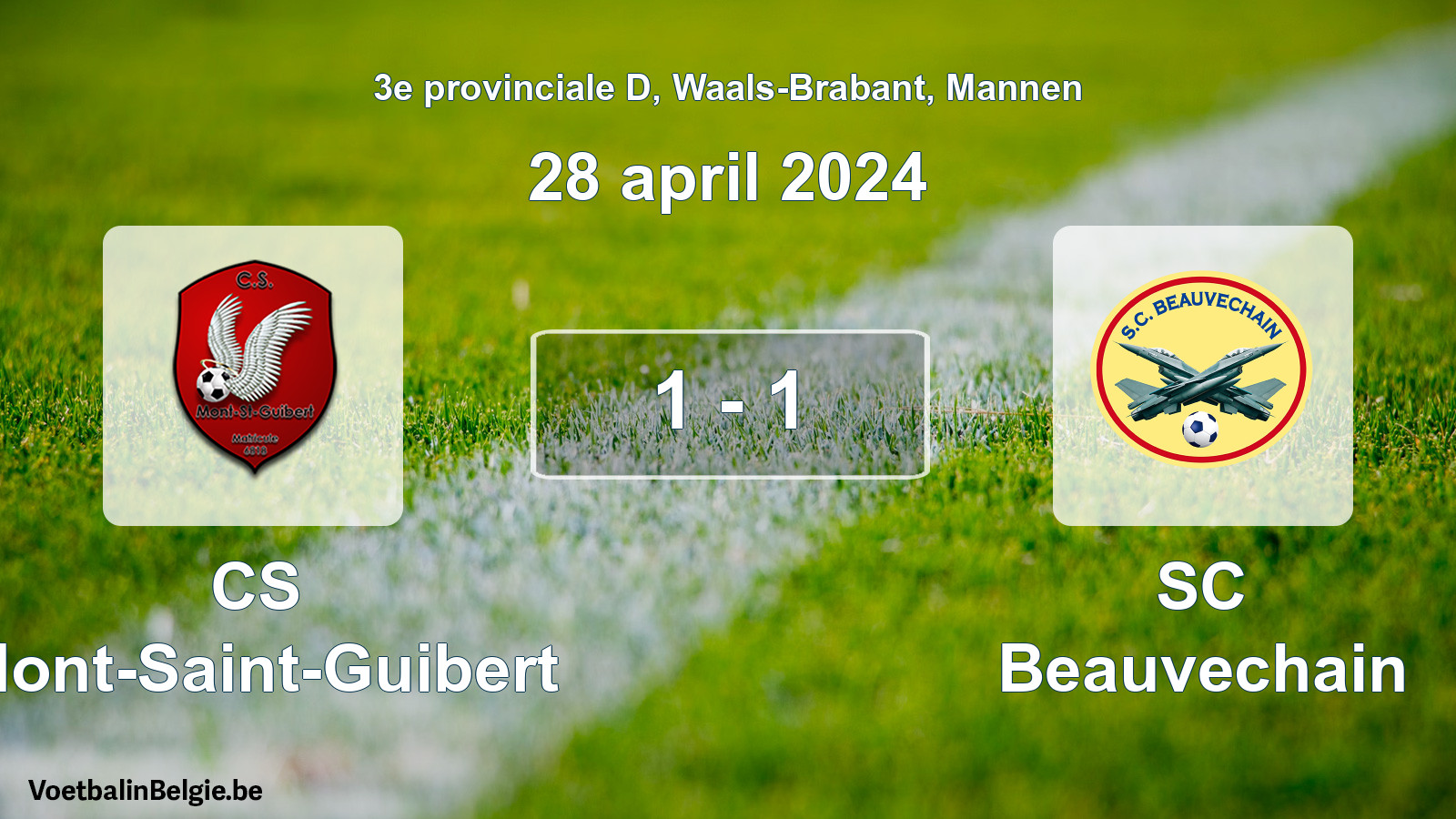 Gespeelde wedstrijd mannenvoetbal: CS Mont-Saint-Guibert - SC Beauvechain 1 - 1 (28 april 2024)