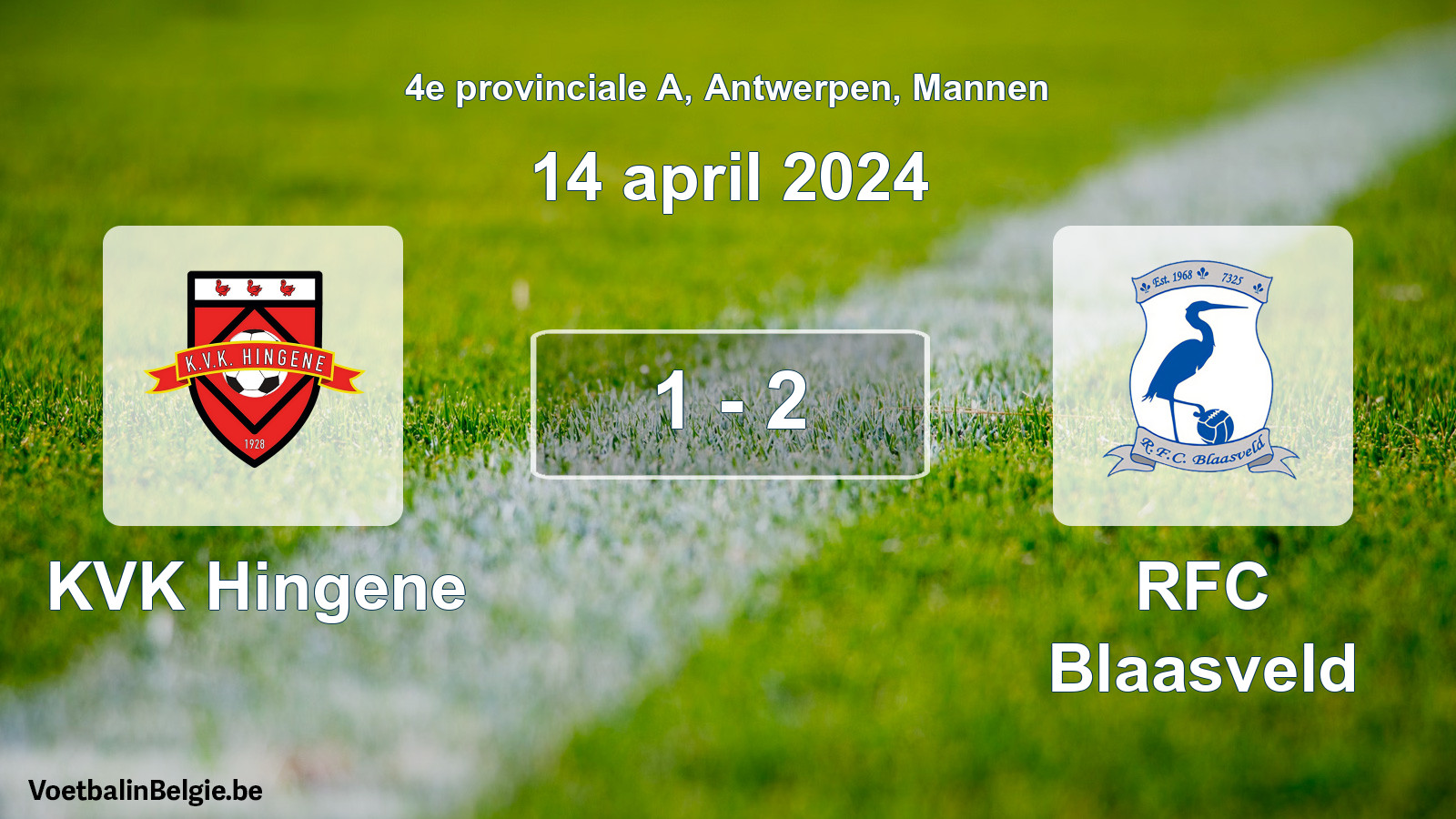 Gespeelde wedstrijd mannenvoetbal: KVK Hingene - RFC Blaasveld 1 - 2 (14 april 2024)