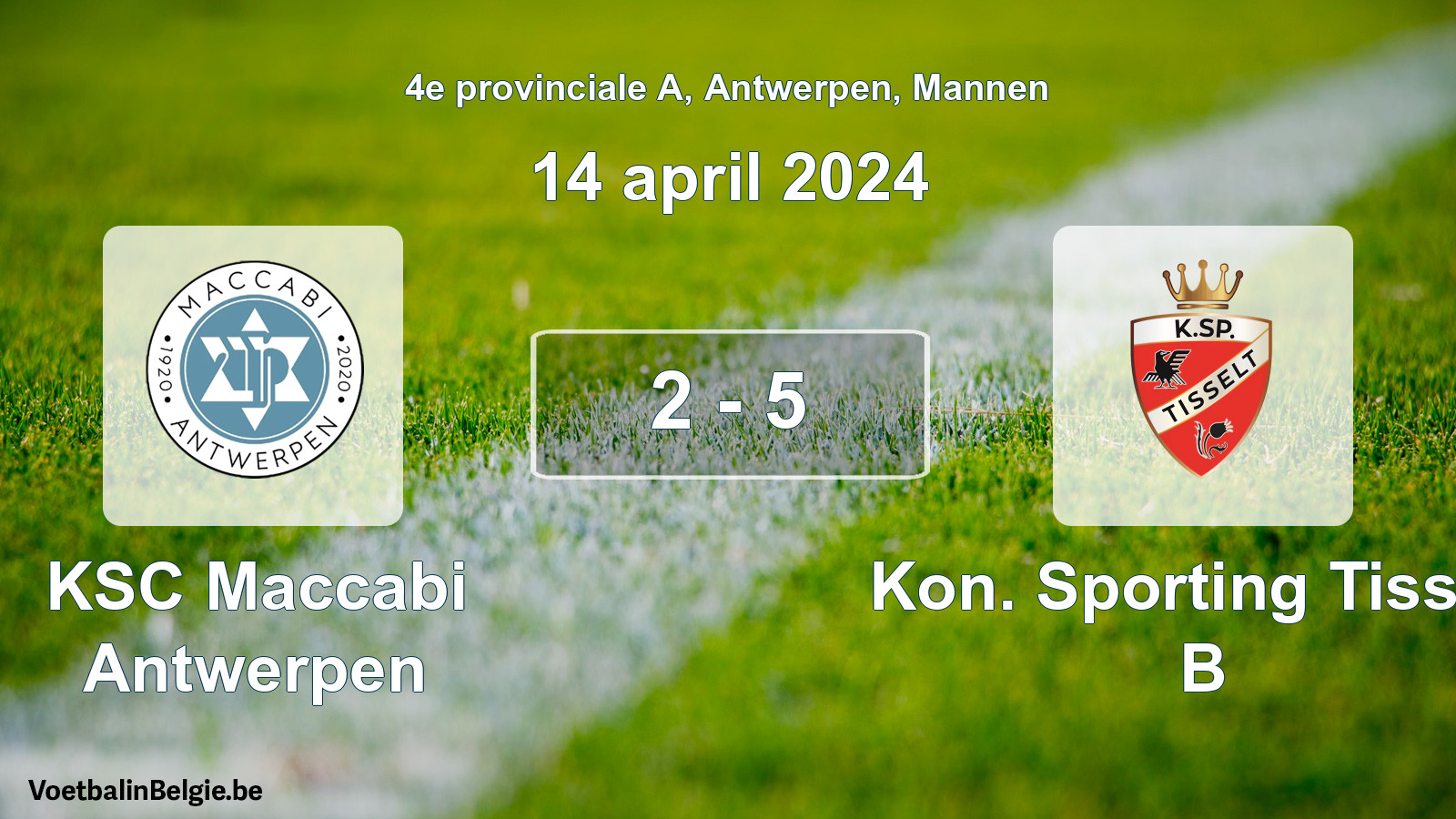 Gespeelde wedstrijd mannenvoetbal: KSC Maccabi Antwerpen - Kon. Sporting Tisselt B 2 - 5 (14 april 2024)