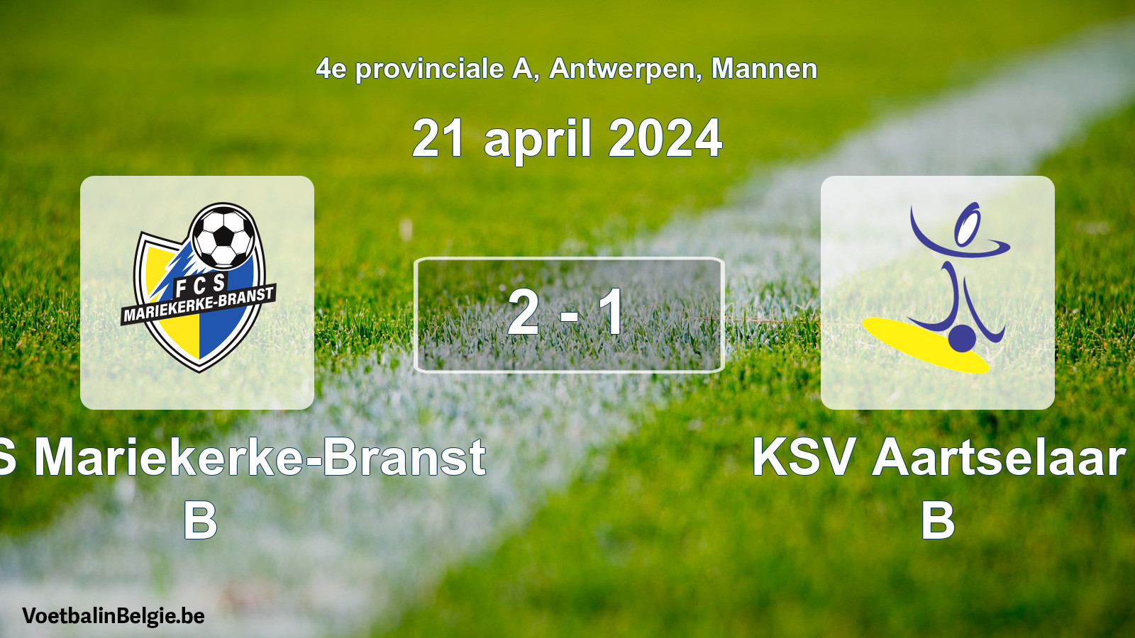 Gespeelde wedstrijd mannenvoetbal: FCS Mariekerke-Branst B - KSV Aartselaar B 2 - 1 (21 april 2024)