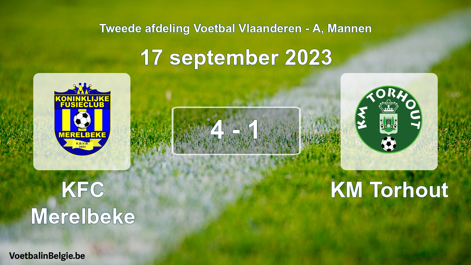 Gespeelde wedstrijd mannenvoetbal: KFC Merelbeke - KM Torhout 4 - 1 (17 september 2023)