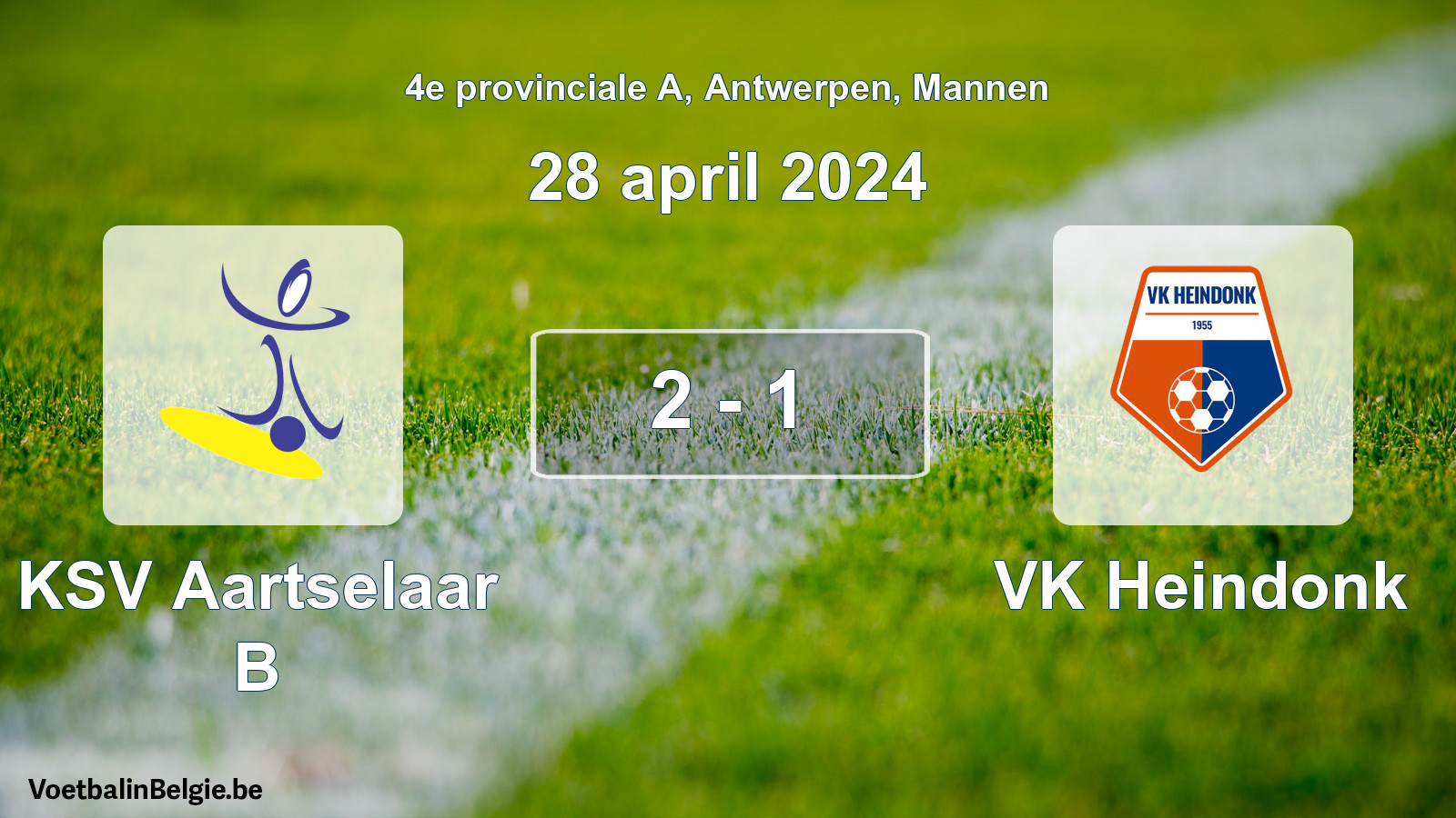 Gespeelde wedstrijd mannenvoetbal: KSV Aartselaar B - VK Heindonk 2 - 1 (28 april 2024)