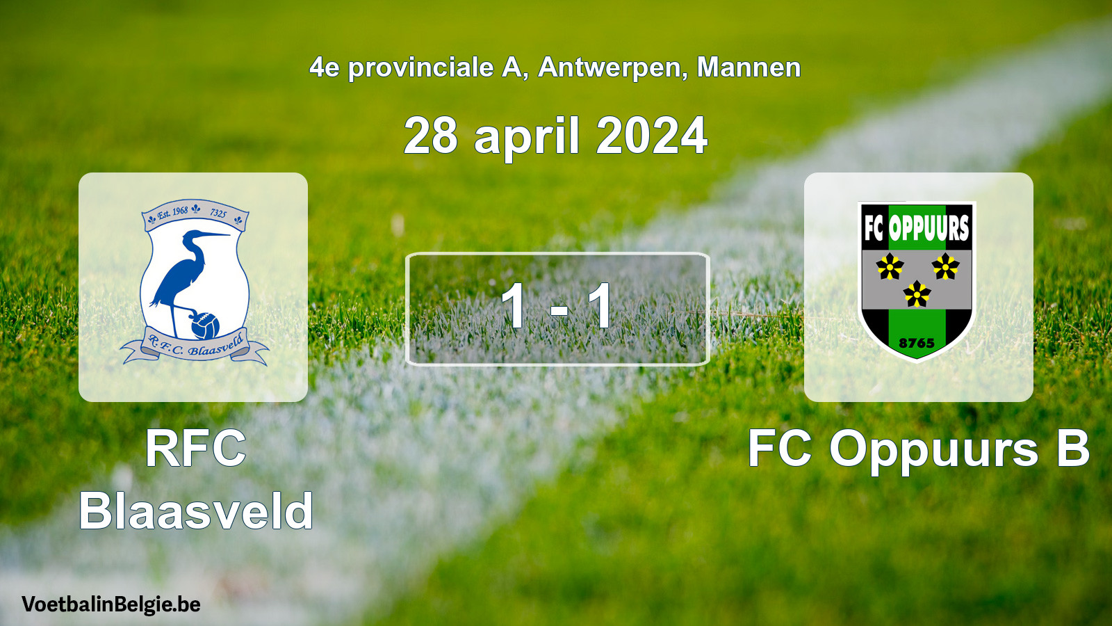 Gespeelde wedstrijd mannenvoetbal: RFC Blaasveld - FC Oppuurs B 1 - 1 (28 april 2024)