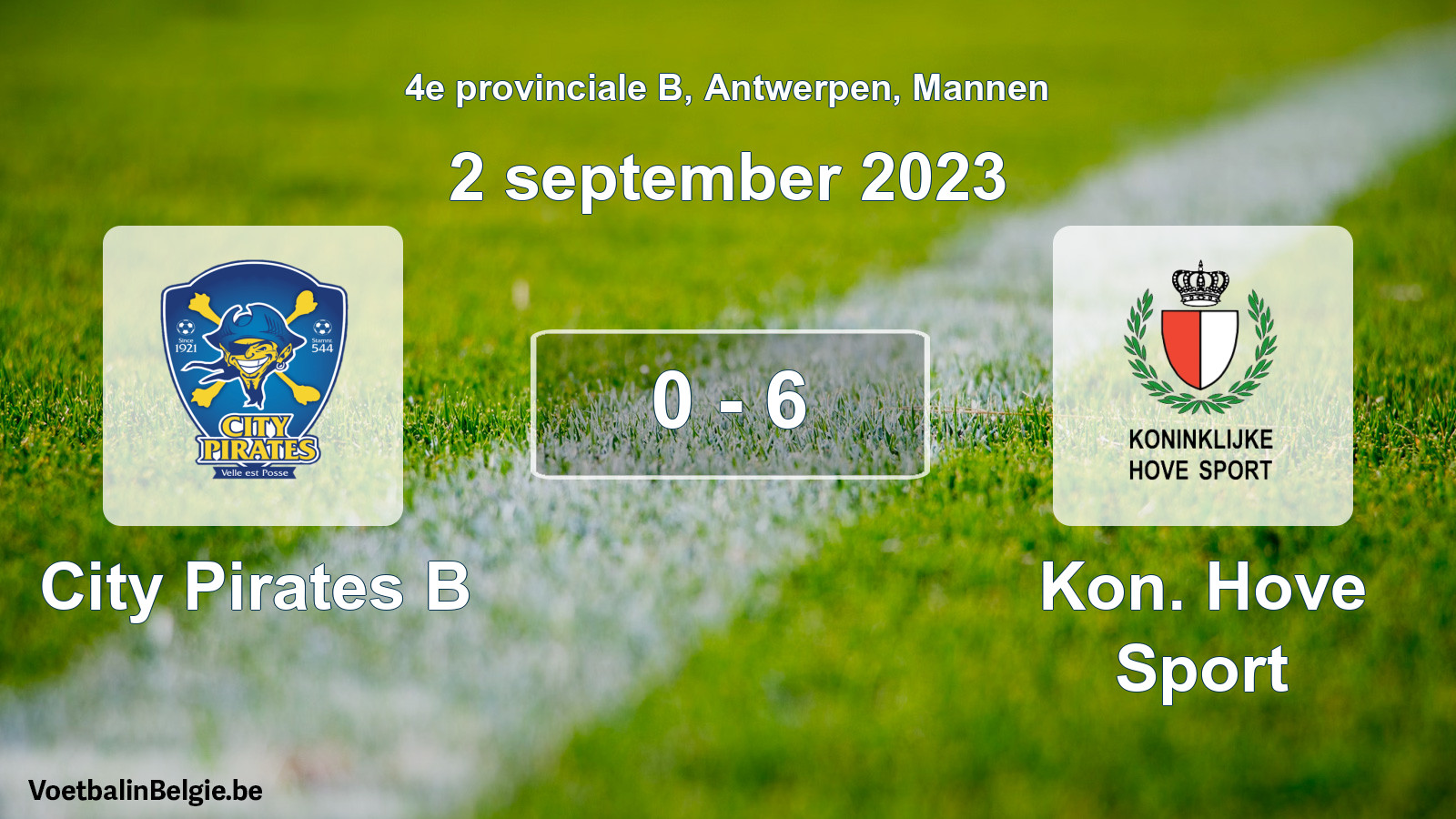 Gespeelde wedstrijd mannenvoetbal: City Pirates B - Kon. Hove Sport 0 - 6 (2 september 2023)