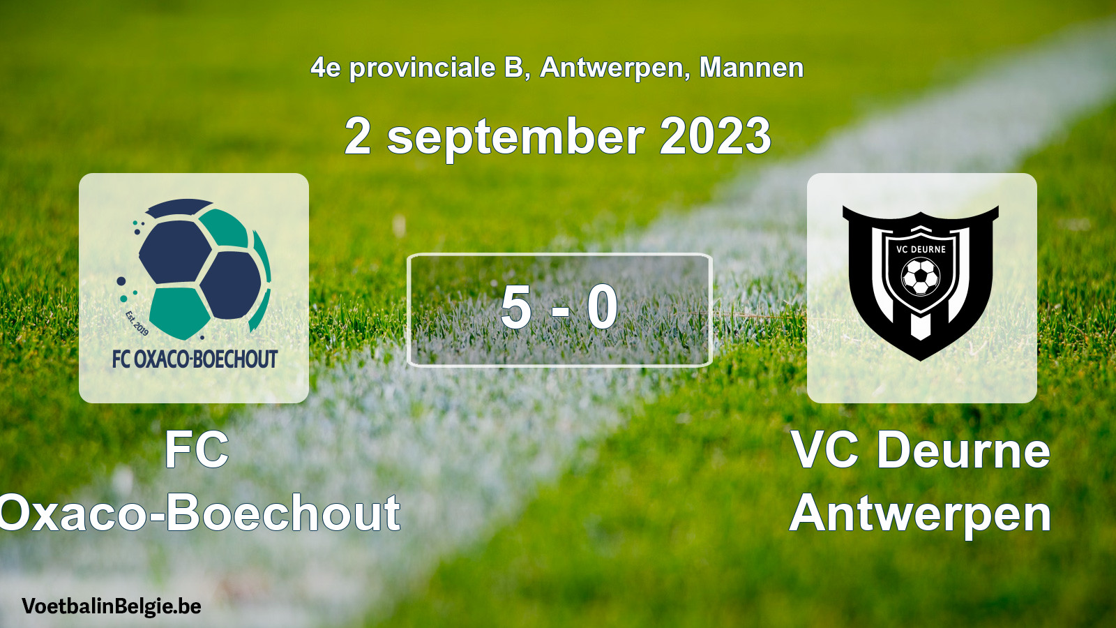 Gespeelde wedstrijd mannenvoetbal: FC Oxaco-Boechout - VC Deurne Antwerpen 5 - 0 (2 september 2023)