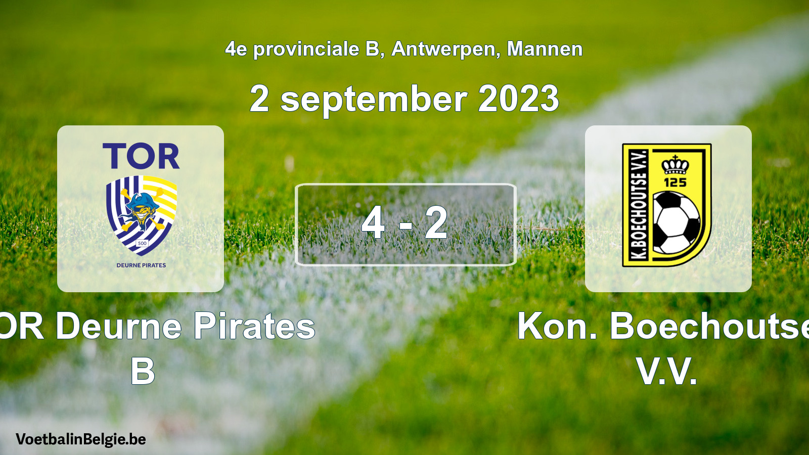 Gespeelde wedstrijd mannenvoetbal: TOR Deurne Pirates B - Kon. Boechoutse V.V. 4 - 2 (2 september 2023)