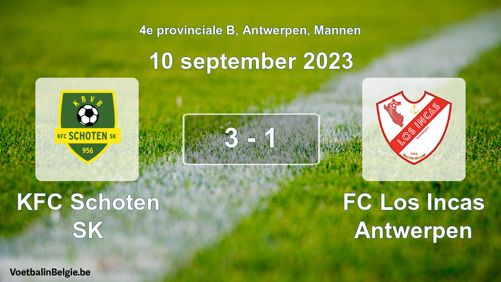 Gespeelde wedstrijd mannenvoetbal: KFC Schoten SK - FC Los Incas Antwerpen 3 - 1 (10 september 2023)