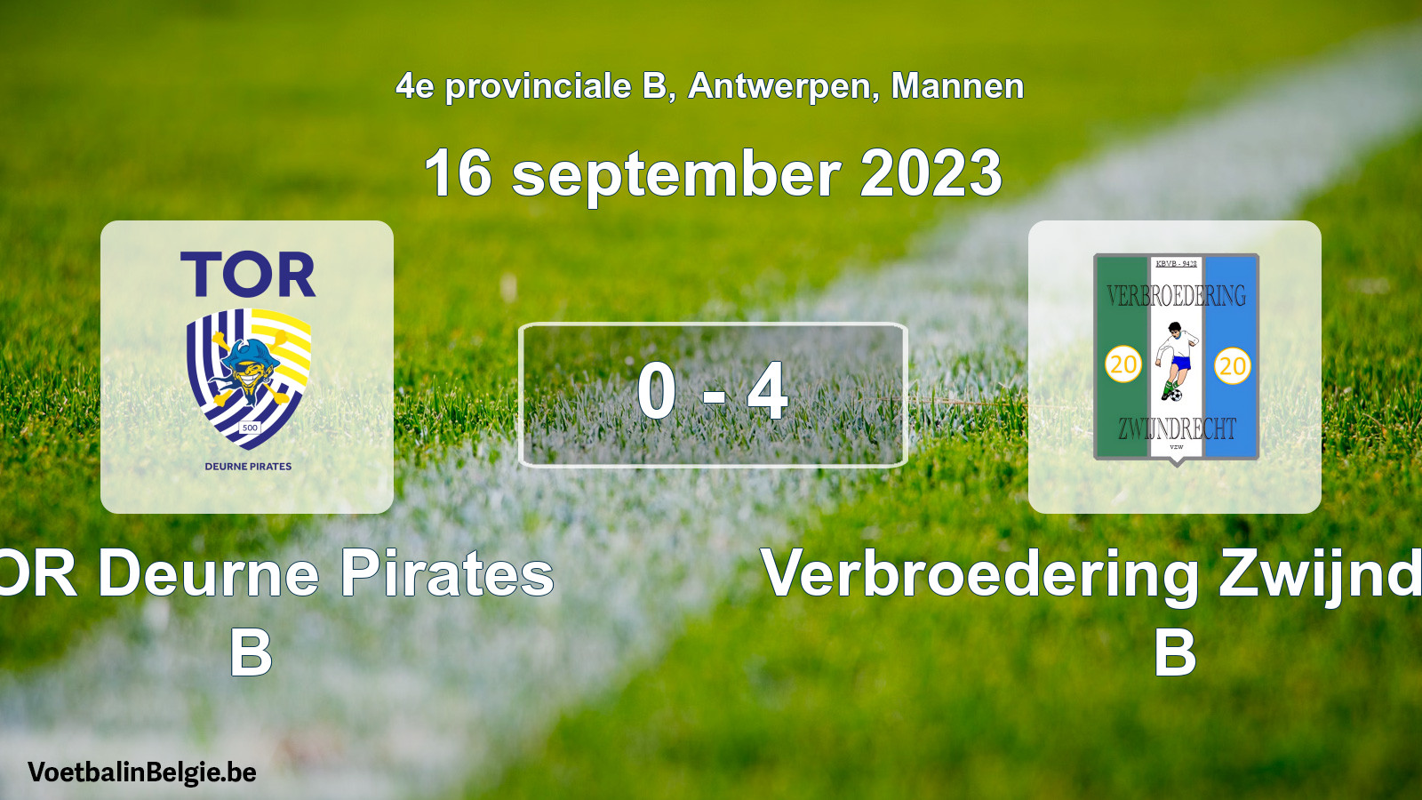 Gespeelde wedstrijd mannenvoetbal: TOR Deurne Pirates B - Verbroedering Zwijndrecht B 0 - 4 (16 september 2023)