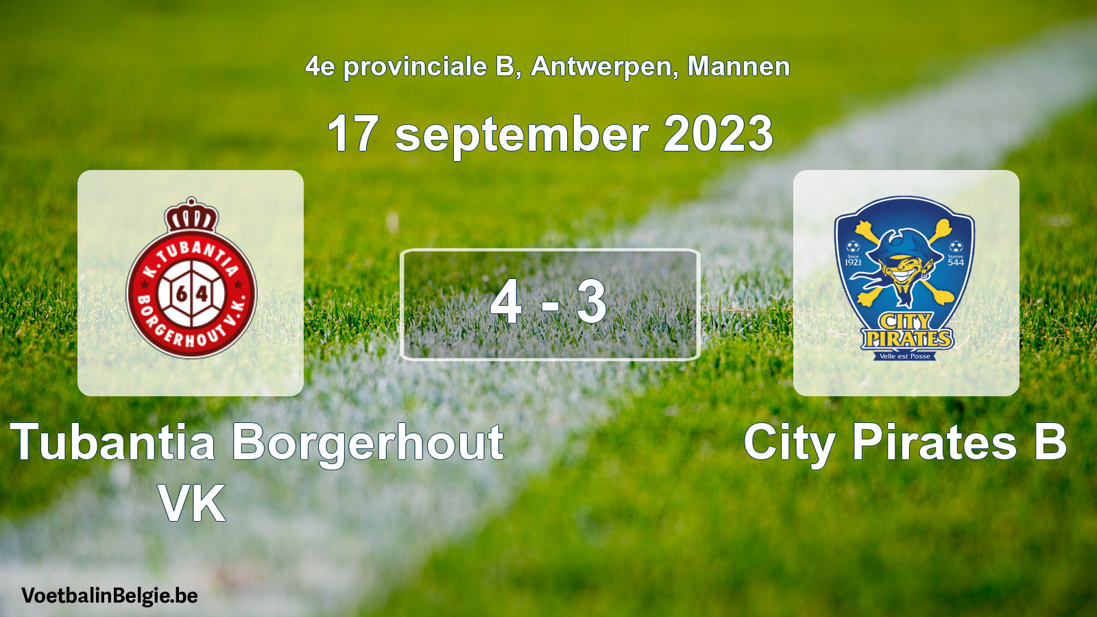 Gespeelde wedstrijd mannenvoetbal: Kon. Tubantia Borgerhout VK - City Pirates B 4 - 3 (17 september 2023)