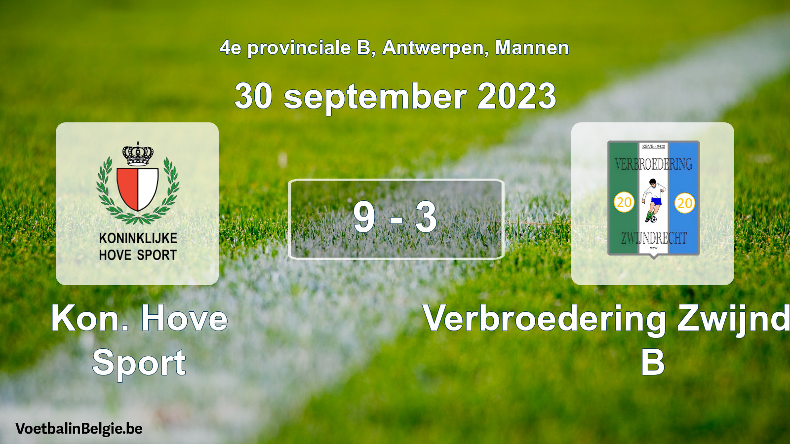 Gespeelde wedstrijd mannenvoetbal: Kon. Hove Sport - Verbroedering Zwijndrecht B 9 - 3 (30 september 2023)
