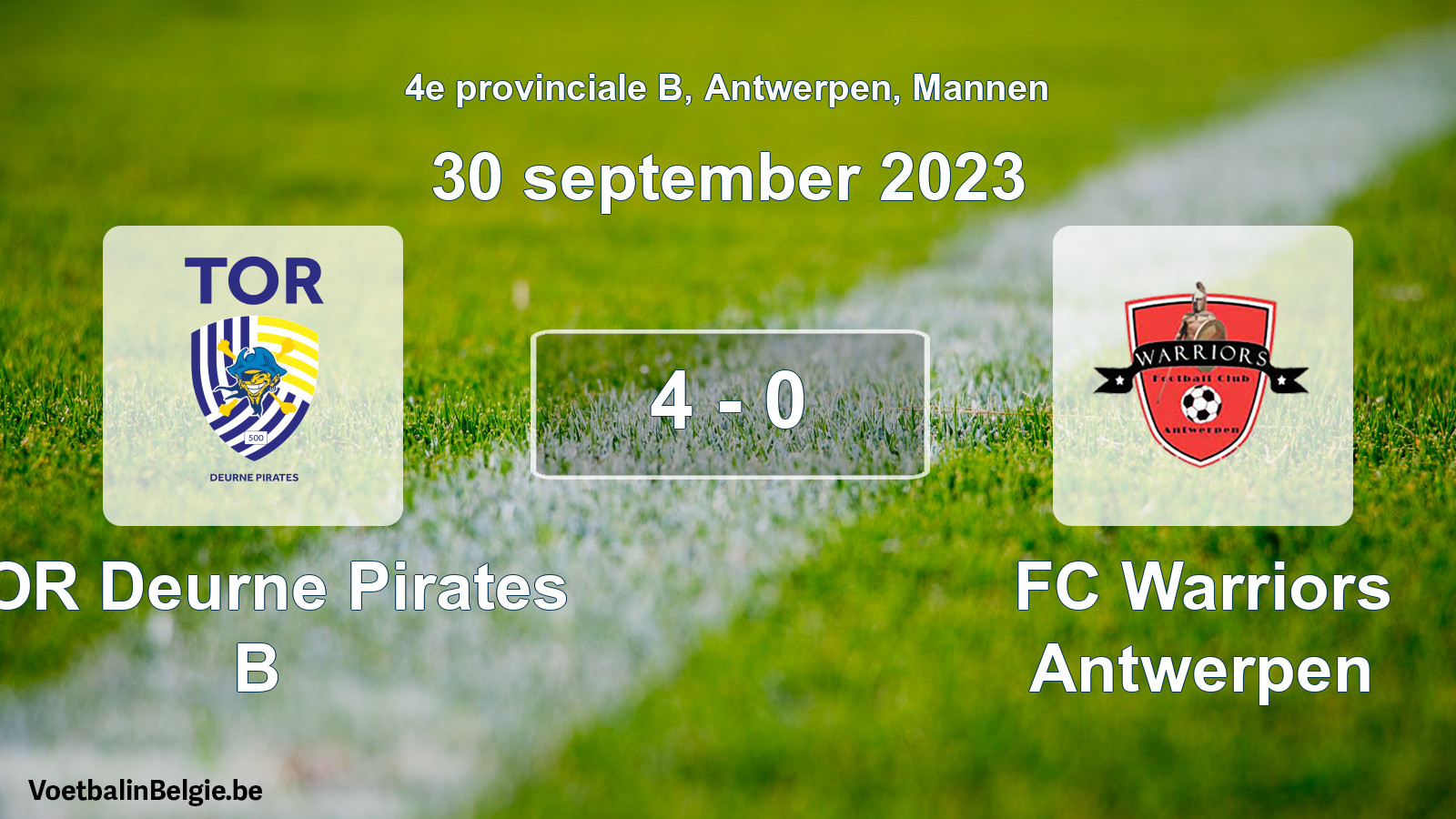 Gespeelde wedstrijd mannenvoetbal: TOR Deurne Pirates B - FC Warriors Antwerpen 4 - 0 (30 september 2023)