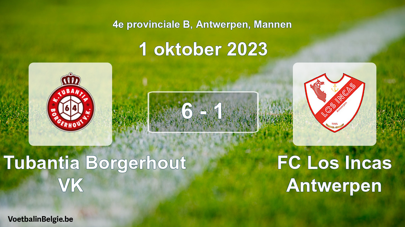 Gespeelde wedstrijd mannenvoetbal: Kon. Tubantia Borgerhout VK - FC Los Incas Antwerpen 6 - 1 (1 oktober 2023)
