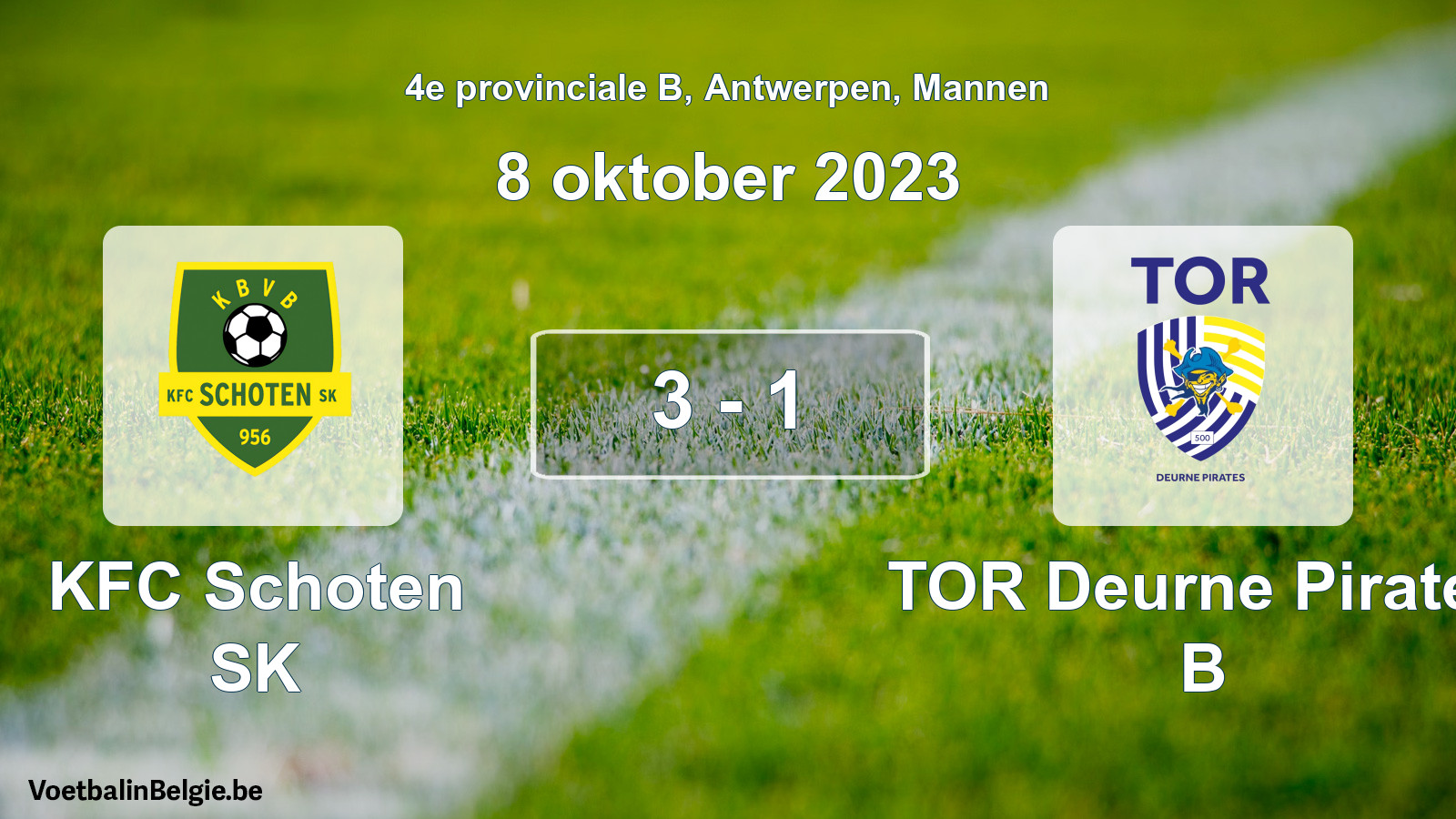 Gespeelde wedstrijd mannenvoetbal: KFC Schoten SK - TOR Deurne Pirates B 3 - 1 (8 oktober 2023)