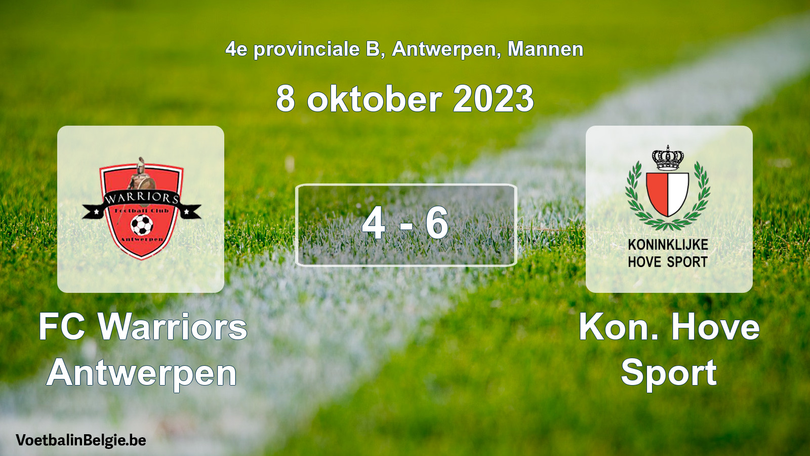 Gespeelde wedstrijd mannenvoetbal: FC Warriors Antwerpen - Kon. Hove Sport 4 - 6 (8 oktober 2023)