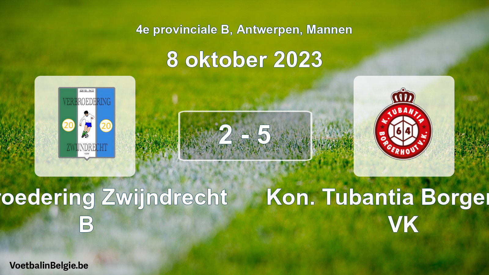 Gespeelde wedstrijd mannenvoetbal: Verbroedering Zwijndrecht B - Kon. Tubantia Borgerhout VK 2 - 5 (8 oktober 2023)