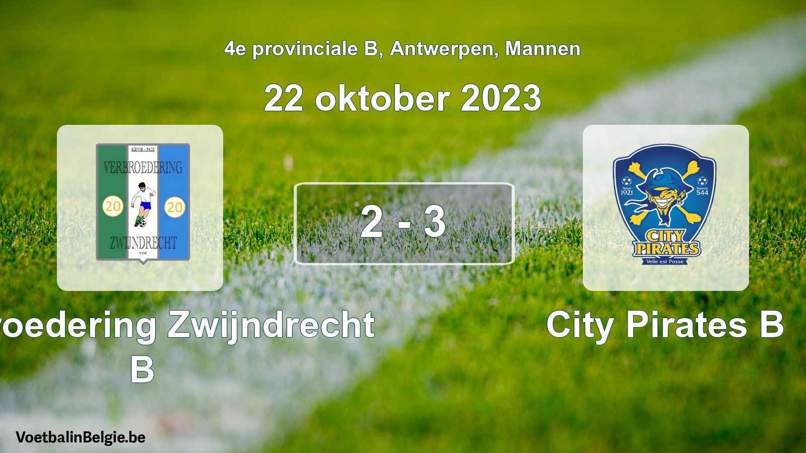 Gespeelde wedstrijd mannenvoetbal: Verbroedering Zwijndrecht B - City Pirates B 2 - 3 (22 oktober 2023)