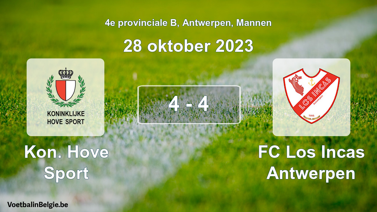 Gespeelde wedstrijd mannenvoetbal: Kon. Hove Sport - FC Los Incas Antwerpen 4 - 4 (28 oktober 2023)