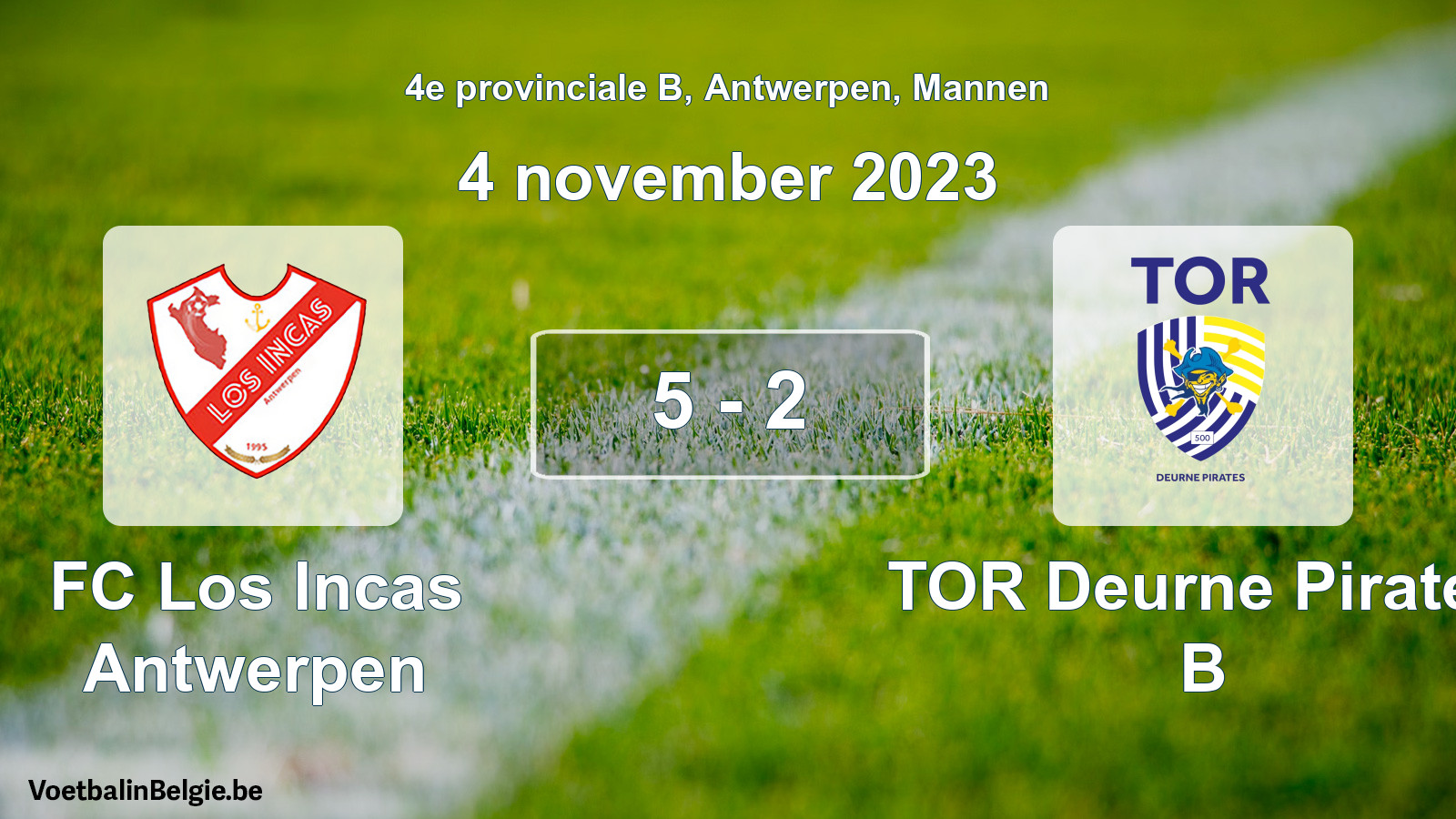 Gespeelde wedstrijd mannenvoetbal: FC Los Incas Antwerpen - TOR Deurne Pirates B 5 - 2 (4 november 2023)