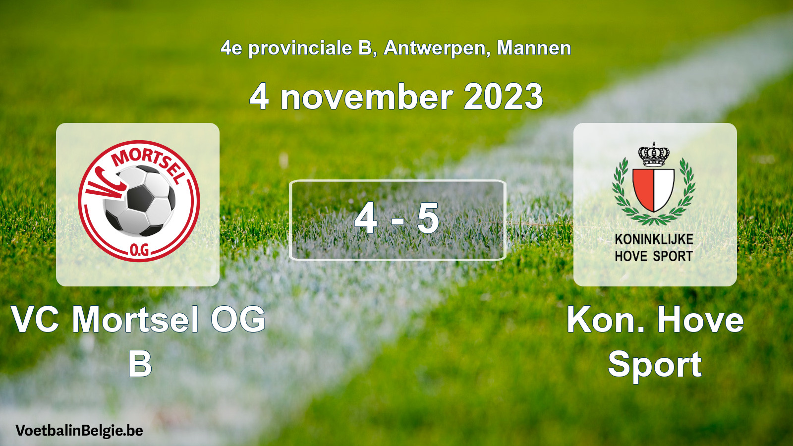 Gespeelde wedstrijd mannenvoetbal: VC Mortsel OG B - Kon. Hove Sport 4 - 5 (4 november 2023)