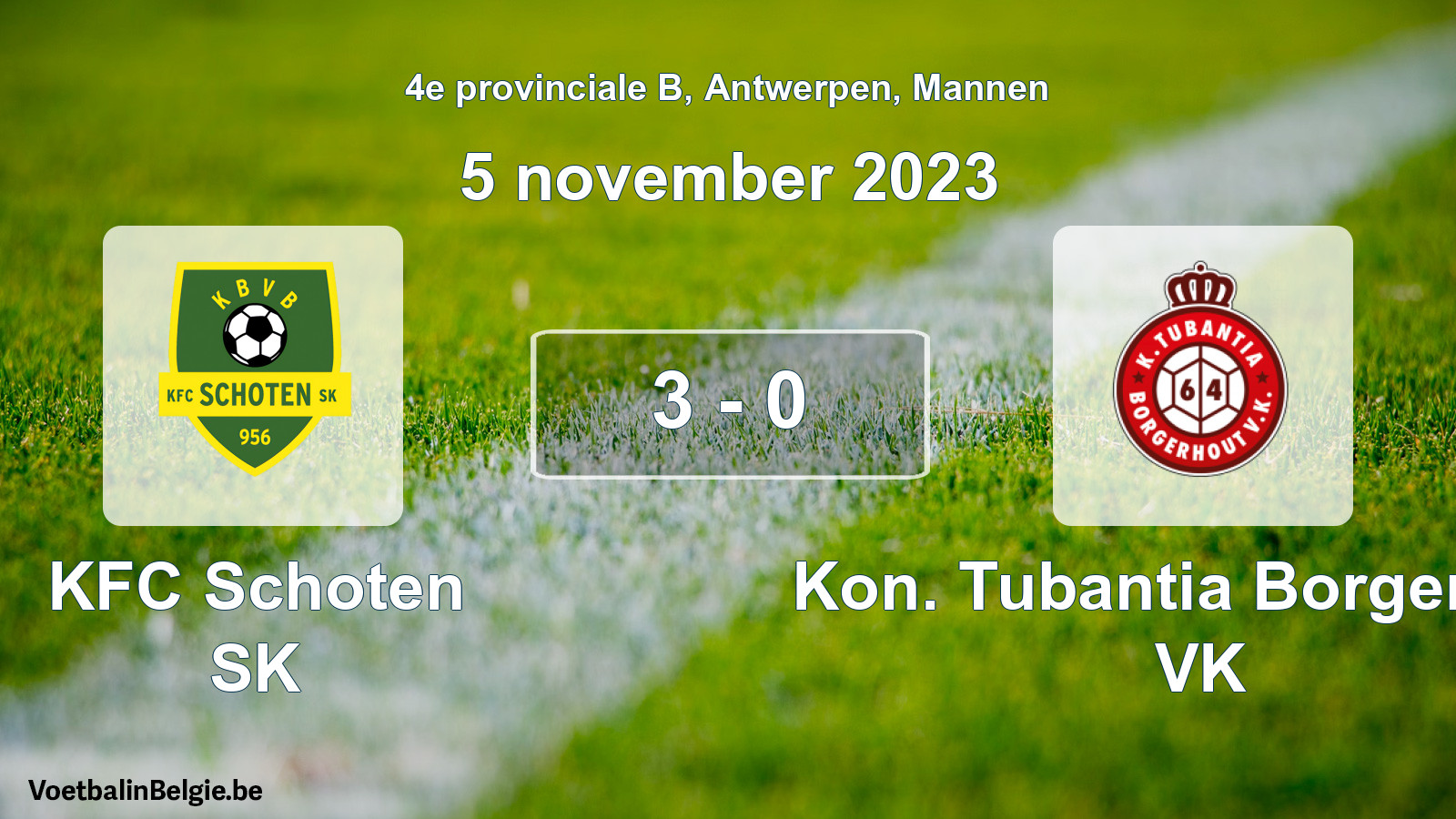 Gespeelde wedstrijd mannenvoetbal: KFC Schoten SK - Kon. Tubantia Borgerhout VK 3 - 0 (5 november 2023)
