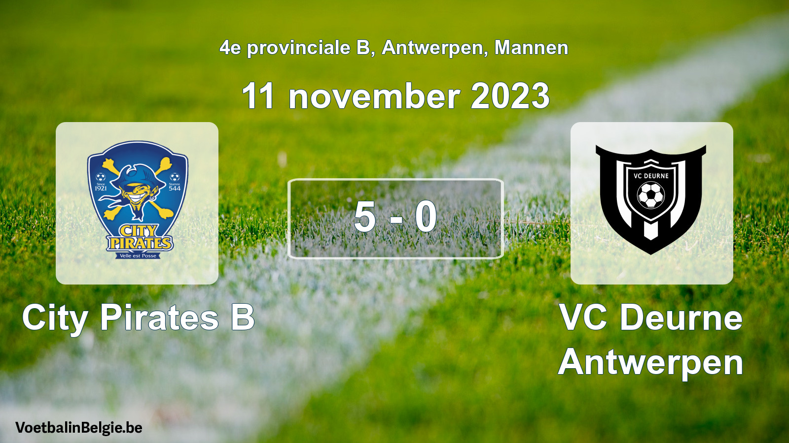 Gespeelde wedstrijd mannenvoetbal: City Pirates B - VC Deurne Antwerpen 5 - 0 (11 november 2023)