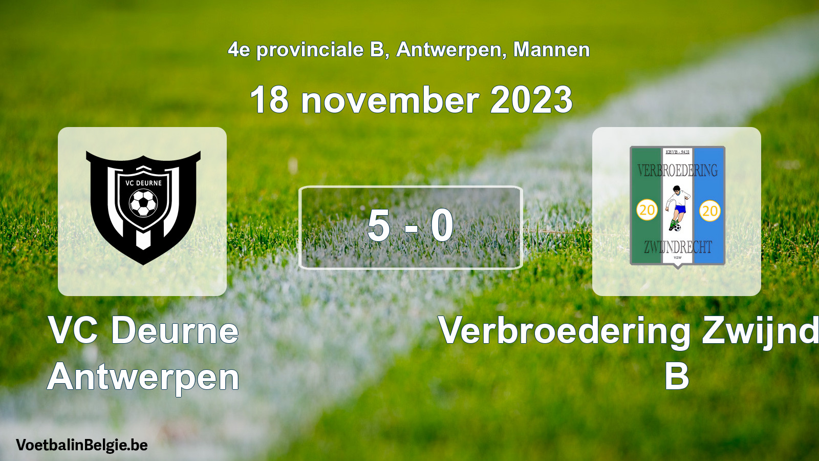 Gespeelde wedstrijd mannenvoetbal: VC Deurne Antwerpen - Verbroedering Zwijndrecht B 5 - 0 (18 november 2023)