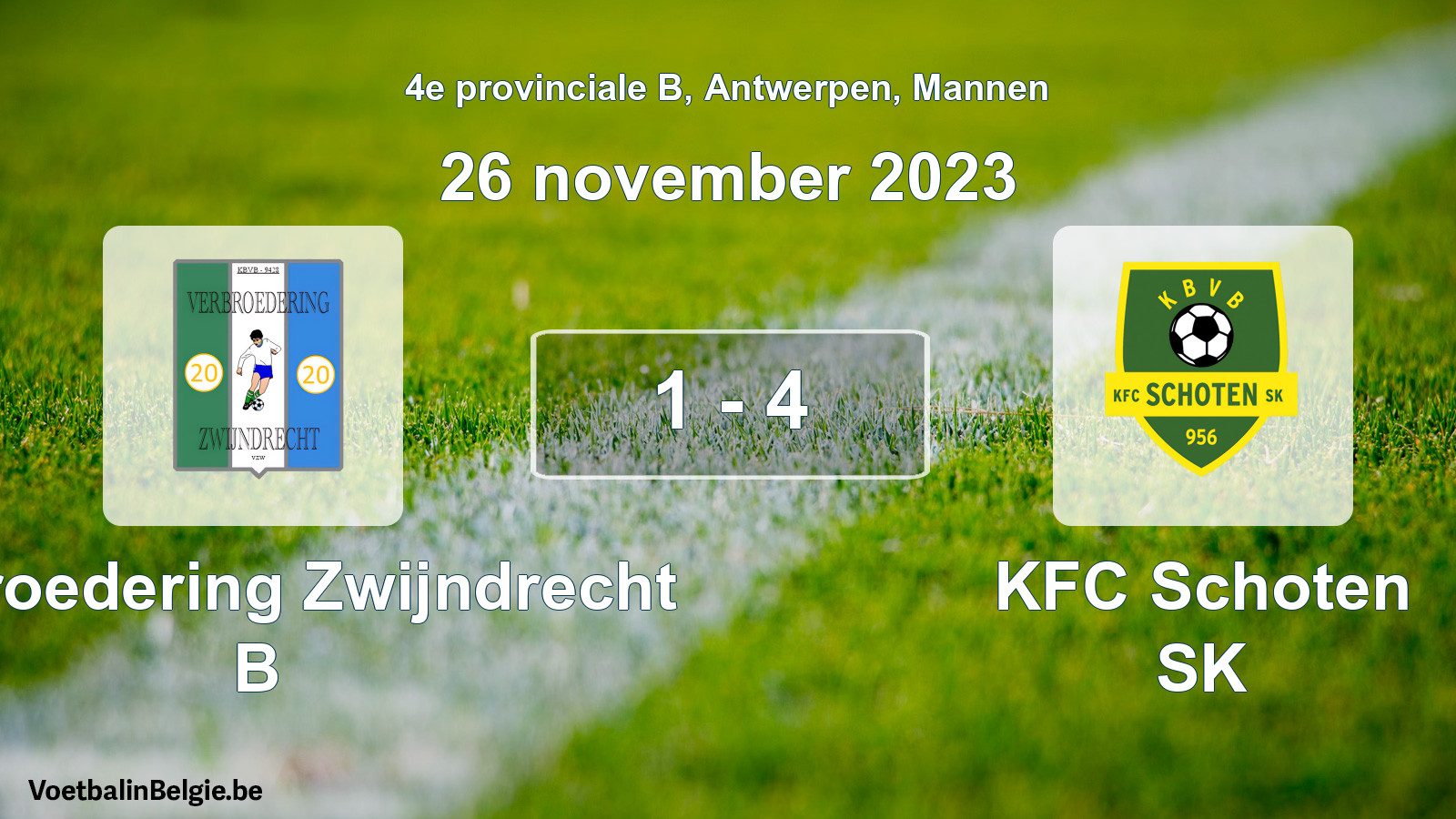 Gespeelde wedstrijd mannenvoetbal: Verbroedering Zwijndrecht B - KFC Schoten SK 1 - 4 (26 november 2023)