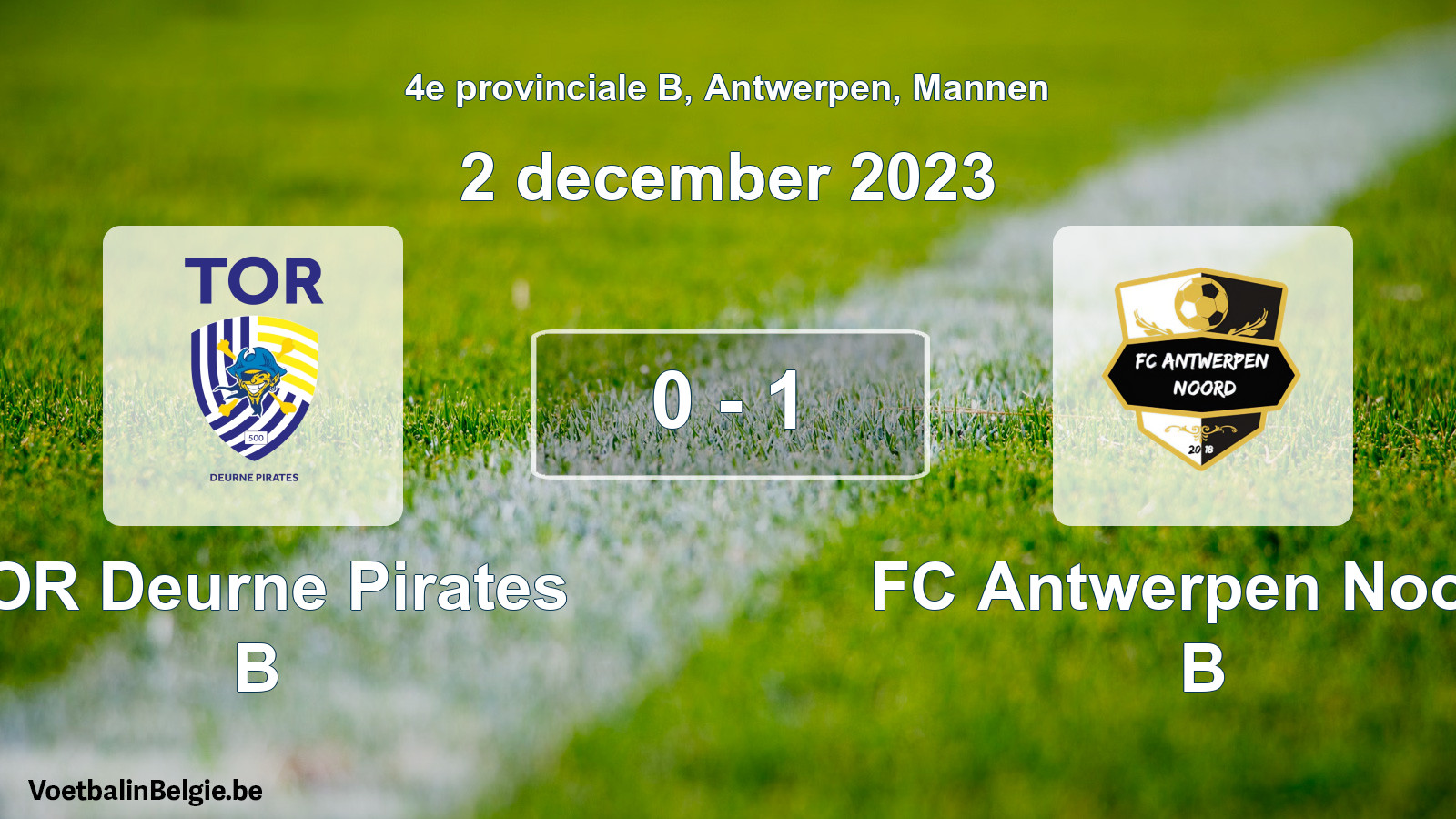 Gespeelde wedstrijd mannenvoetbal: TOR Deurne Pirates B - FC Antwerpen Noord B 0 - 1 (2 december 2023)