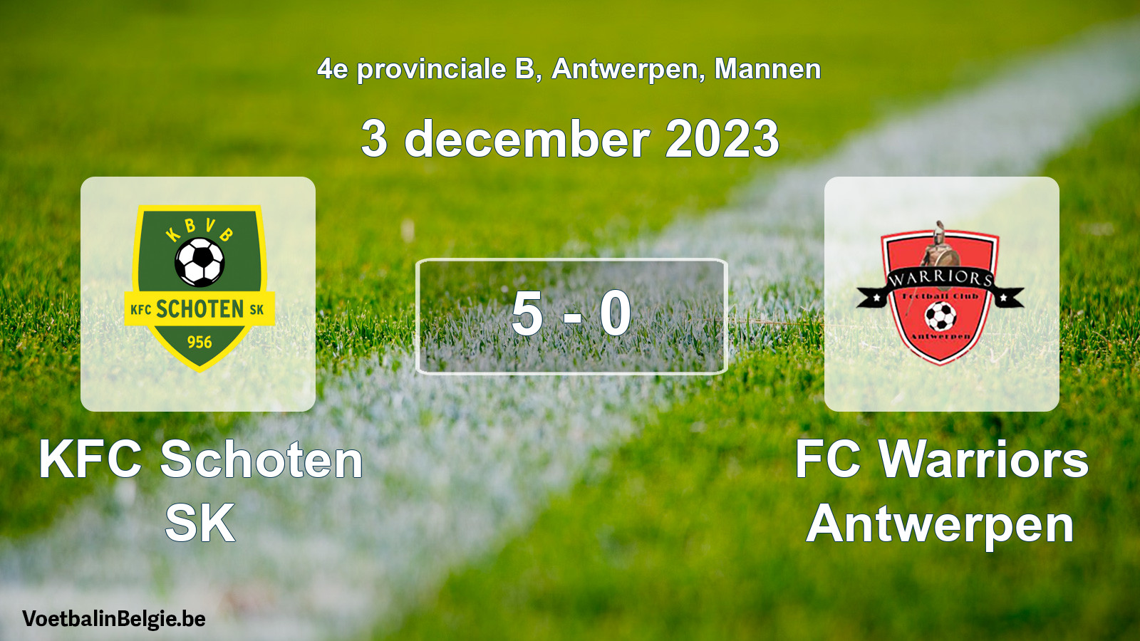 Gespeelde wedstrijd mannenvoetbal: KFC Schoten SK - FC Warriors Antwerpen 5 - 0 (3 december 2023)