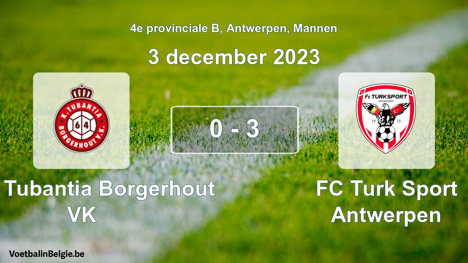 Gespeelde wedstrijd mannenvoetbal: Kon. Tubantia Borgerhout VK - FC Turk Sport Antwerpen 0 - 3 (3 december 2023)