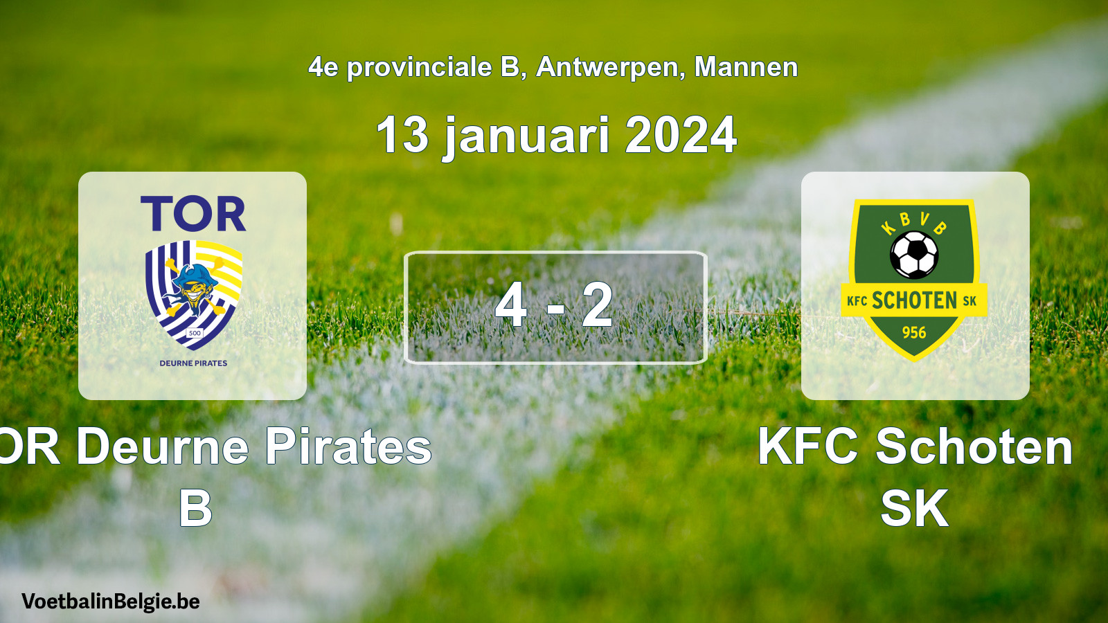 Gespeelde wedstrijd mannenvoetbal: TOR Deurne Pirates B - KFC Schoten SK 4 - 2 (13 januari 2024)