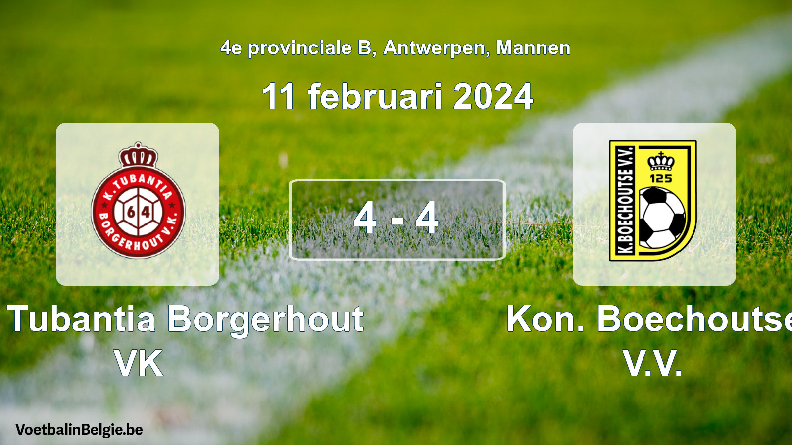 Gespeelde wedstrijd mannenvoetbal: Kon. Tubantia Borgerhout VK - Kon. Boechoutse V.V. 4 - 4 (11 februari 2024)