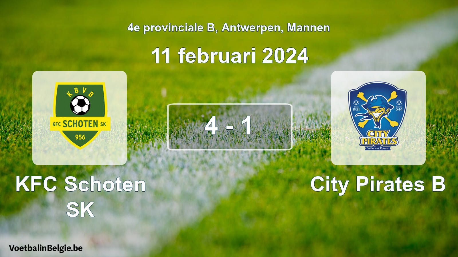 Gespeelde wedstrijd mannenvoetbal: KFC Schoten SK - City Pirates B 4 - 1 (11 februari 2024)