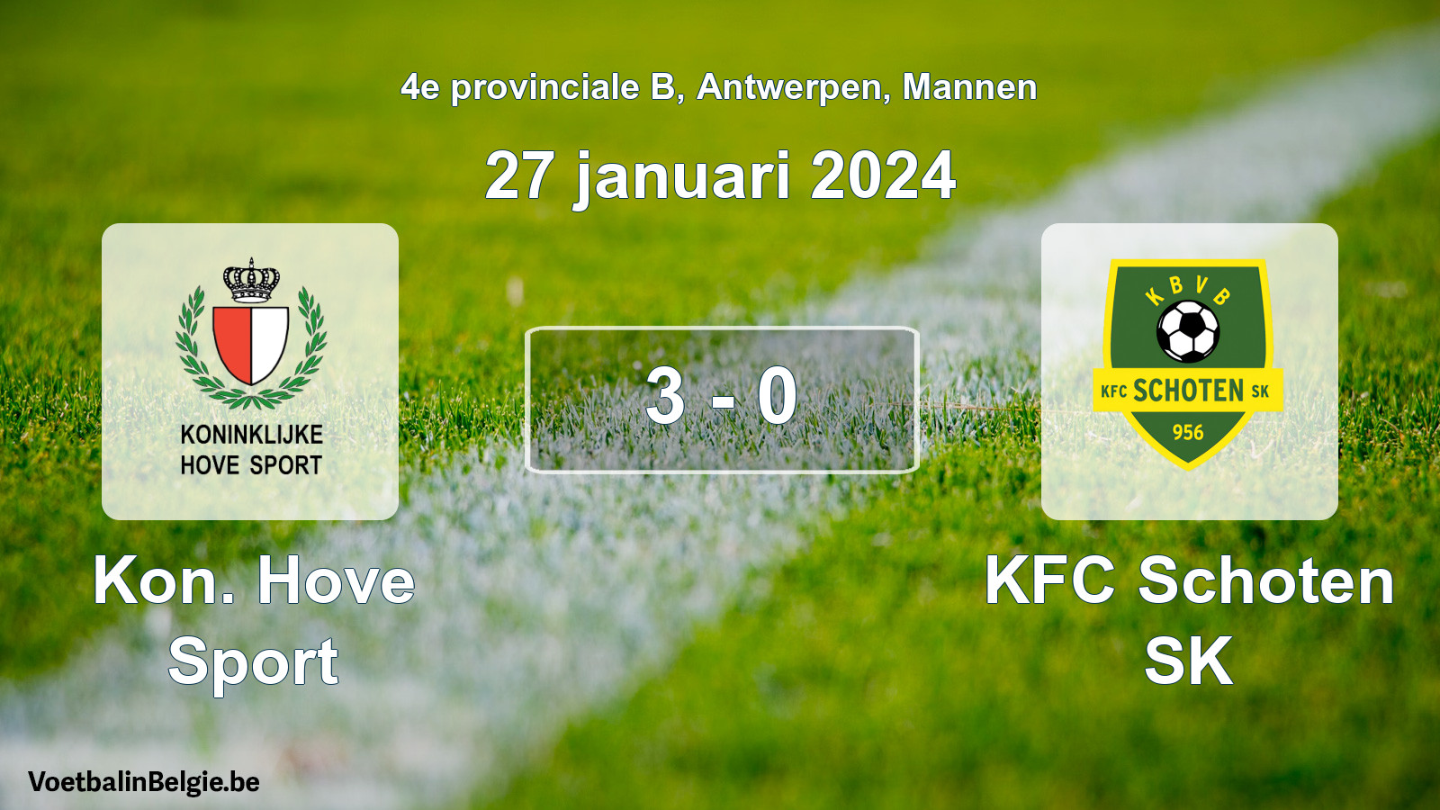 Gespeelde wedstrijd mannenvoetbal: Kon. Hove Sport - KFC Schoten SK 3 - 0 (27 januari 2024)
