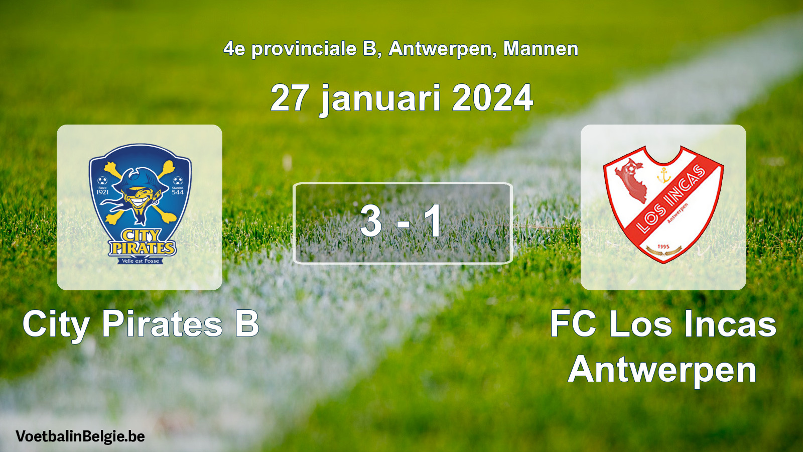 Gespeelde wedstrijd mannenvoetbal: City Pirates B - FC Los Incas Antwerpen 3 - 1 (27 januari 2024)