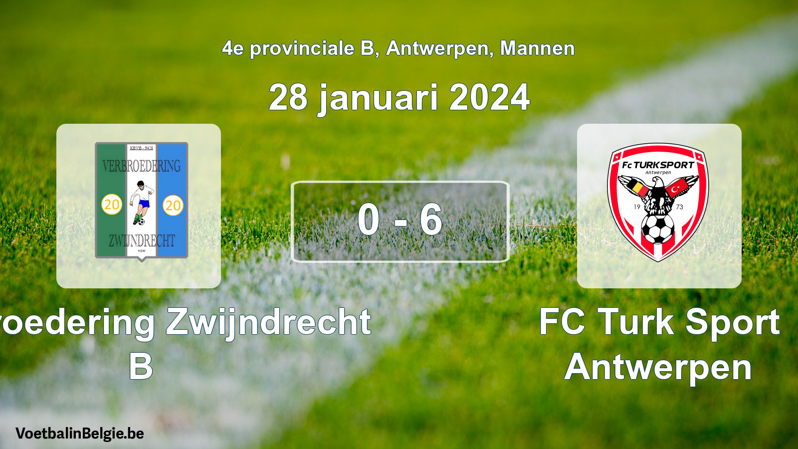Gespeelde wedstrijd mannenvoetbal: Verbroedering Zwijndrecht B - FC Turk Sport Antwerpen 0 - 6 (28 januari 2024)